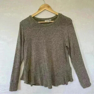 Green Envelope Crew Neck Sweater Ruffle Bottom Tan & Black Speckled Size Large